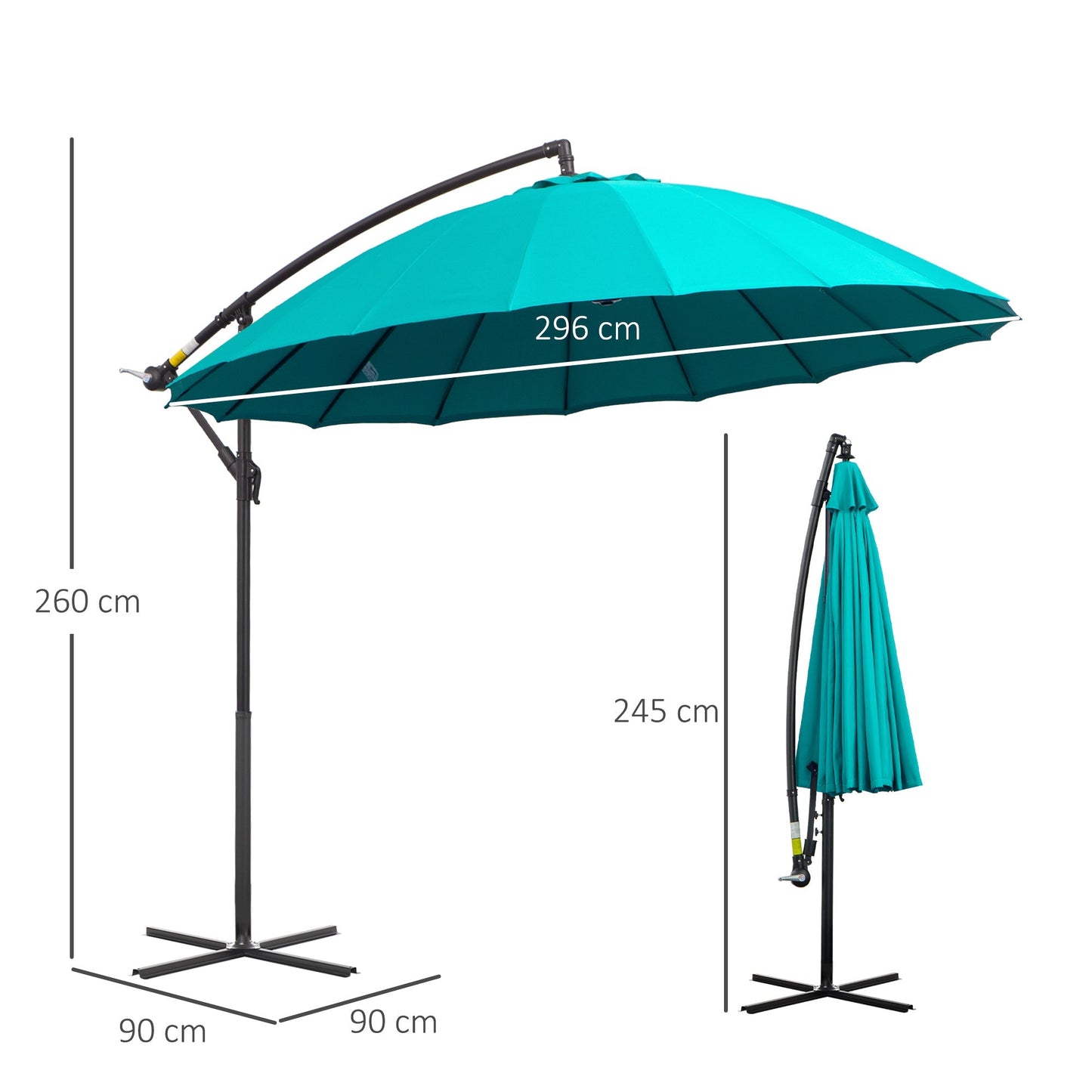 3 Metre Cantilever Shanghai Parasol Garden Hanging Banana Sun Umbrella with Crank Handle, 18 Sturdy Ribs and Cross Base, Turquoise