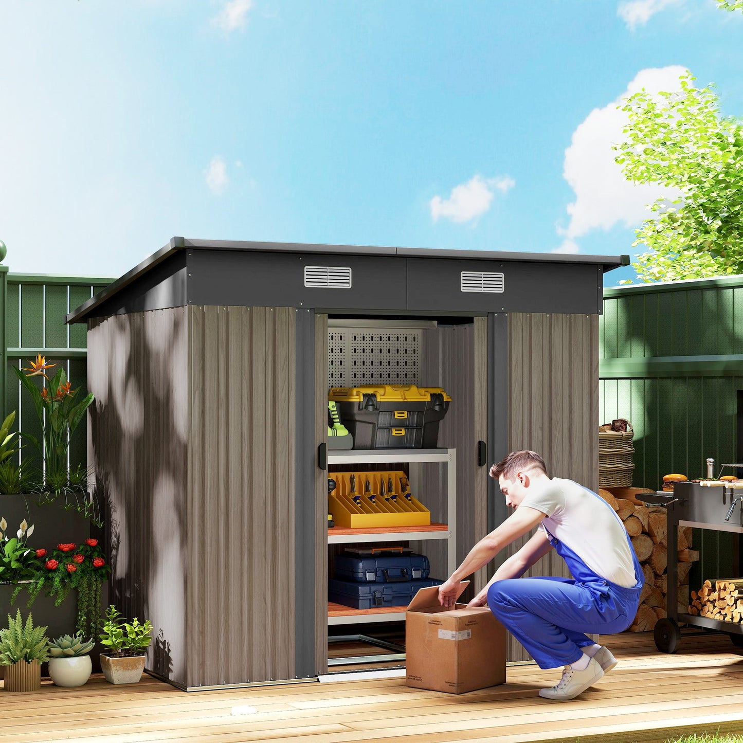 Outsunny 4 x 7ft Metal Shed - Grey Wood-Effect