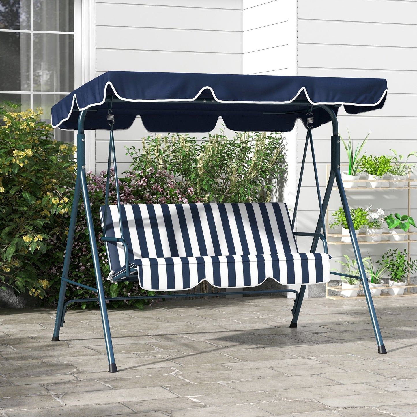 Outsunny 3-Seat Swing Chair Garden Swing Seat with Adjustable Canopy for Patio, Blue and White