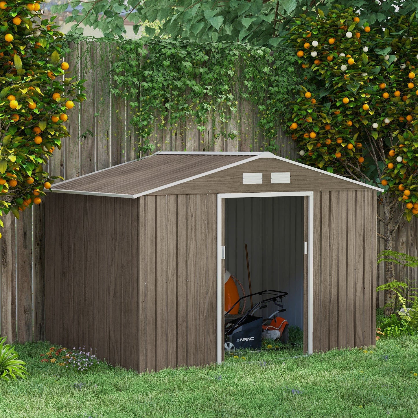 Outsunny 9 x 6ft Garden Metal Storage Shed, Outdoor Storage Tool House with Vents, Foundation and Lockable Double Doors, Brown