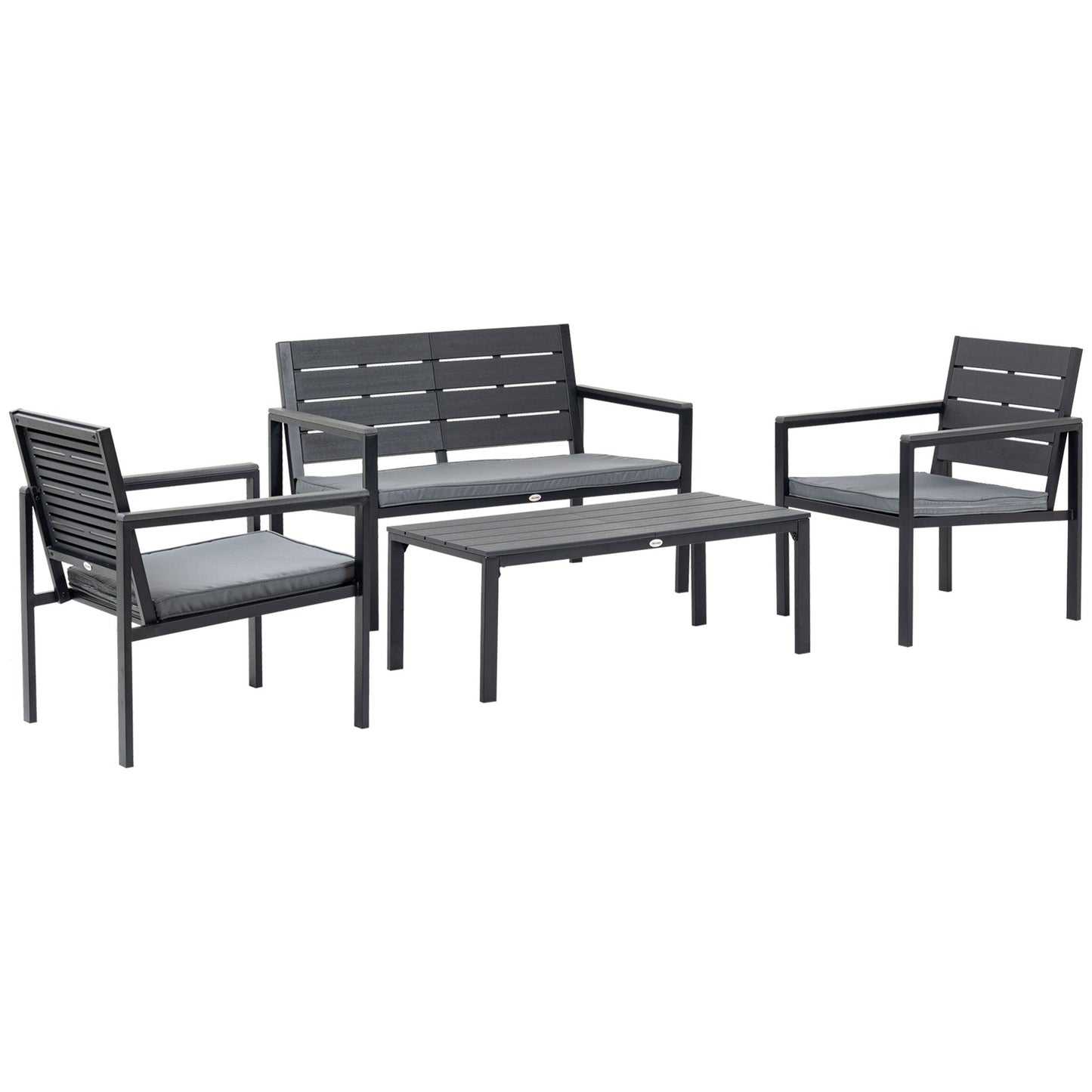 Outsunny 4 Piece Garden Sofa Set with Padded Cushions, HDPE Outdoor Conversation Furniture Set with Wood Grain Coffee Table, Steel Frame Grey