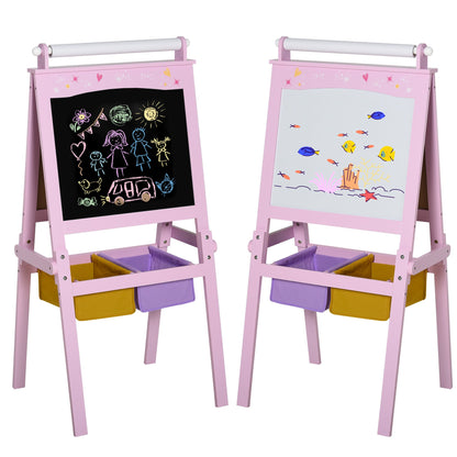 HOMCOM Kids Easel 3 w 1 Drewniana tablica artystyczna z rolką papieru, dwustronna tablica kredowa i biała z koszami do przechowywania dla małych dziewczynek, różowa