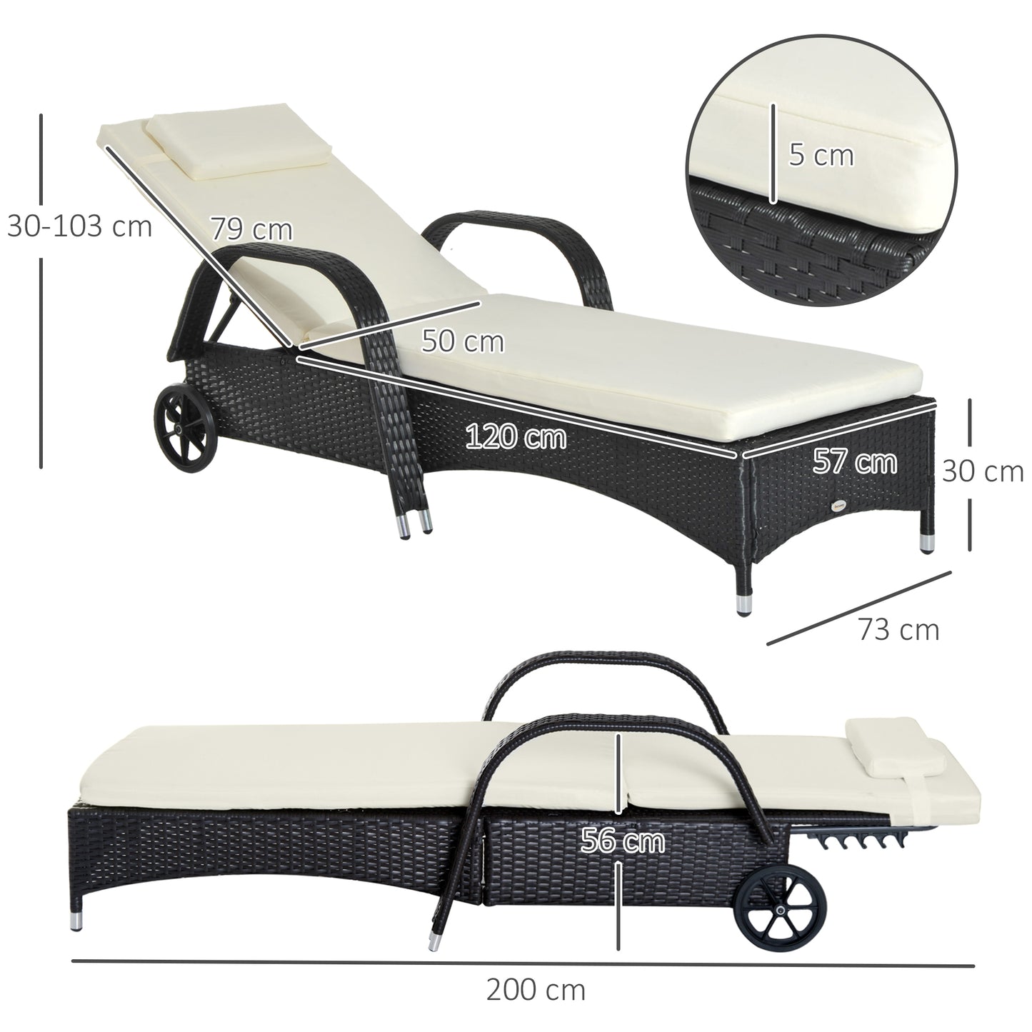 Outsunny Garden Rattan Furniture Pojedynczy leżak ogrodowy z funkcją rozkładania Fotel ogrodowy z plecionki z wikliny Regulowany zagłówek z ognioodporną poduszką - czarny