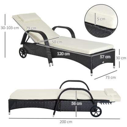 Outsunny Garden Rattan Furniture Pojedynczy leżak ogrodowy z funkcją rozkładania Fotel ogrodowy z plecionki z wikliny Regulowany zagłówek z ognioodporną poduszką - czarny