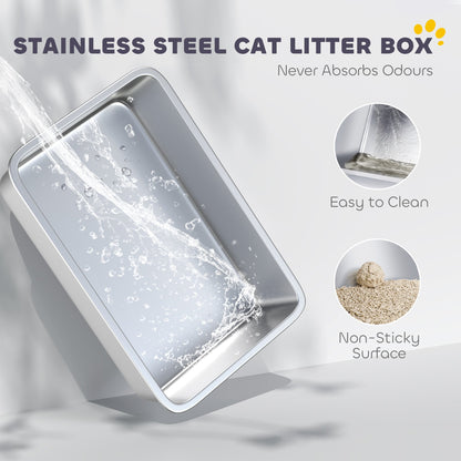 PawHut XXL Stainless Steel Cat Litter Box with High Sides, Metal Scoop, 70 x 50 x 30 cm