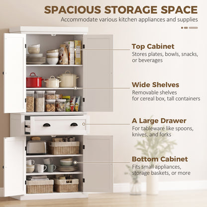 HOMCOM Tall Kitchen Cupboard, 183 cm Freestanding Storage Cabinet with Drawer, 4 Doors and Adjustable Shelves, White