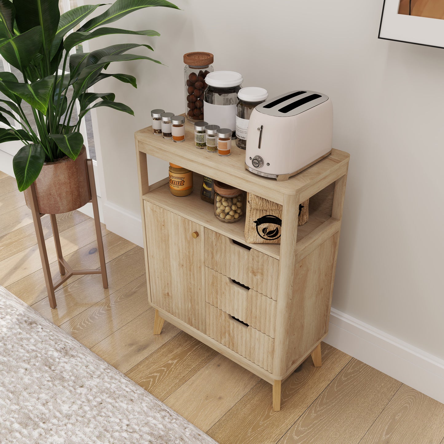 HOMCOM Small Sideboard with Drawers and Adjustable Shelf - Nature Wood Finish