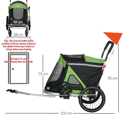 PawHut 2 in 1 Aluminium Foldable Dog Bike Trailer, Pet Stroller, for Medium Dogs - Green