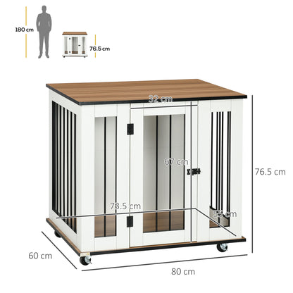 PawHut Dog Crate Furniture, Dog Cage End Table, with Wheels, for Medium Dogs, 80 x 60 x 76.5cm - White