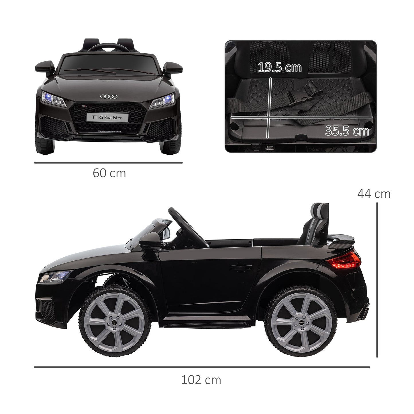 12V Rechargeable Battery Ride On Car w/ Remote Forward Reverse Lights Horn MP3 Player Black w/ Seat Belt Audi TT RS