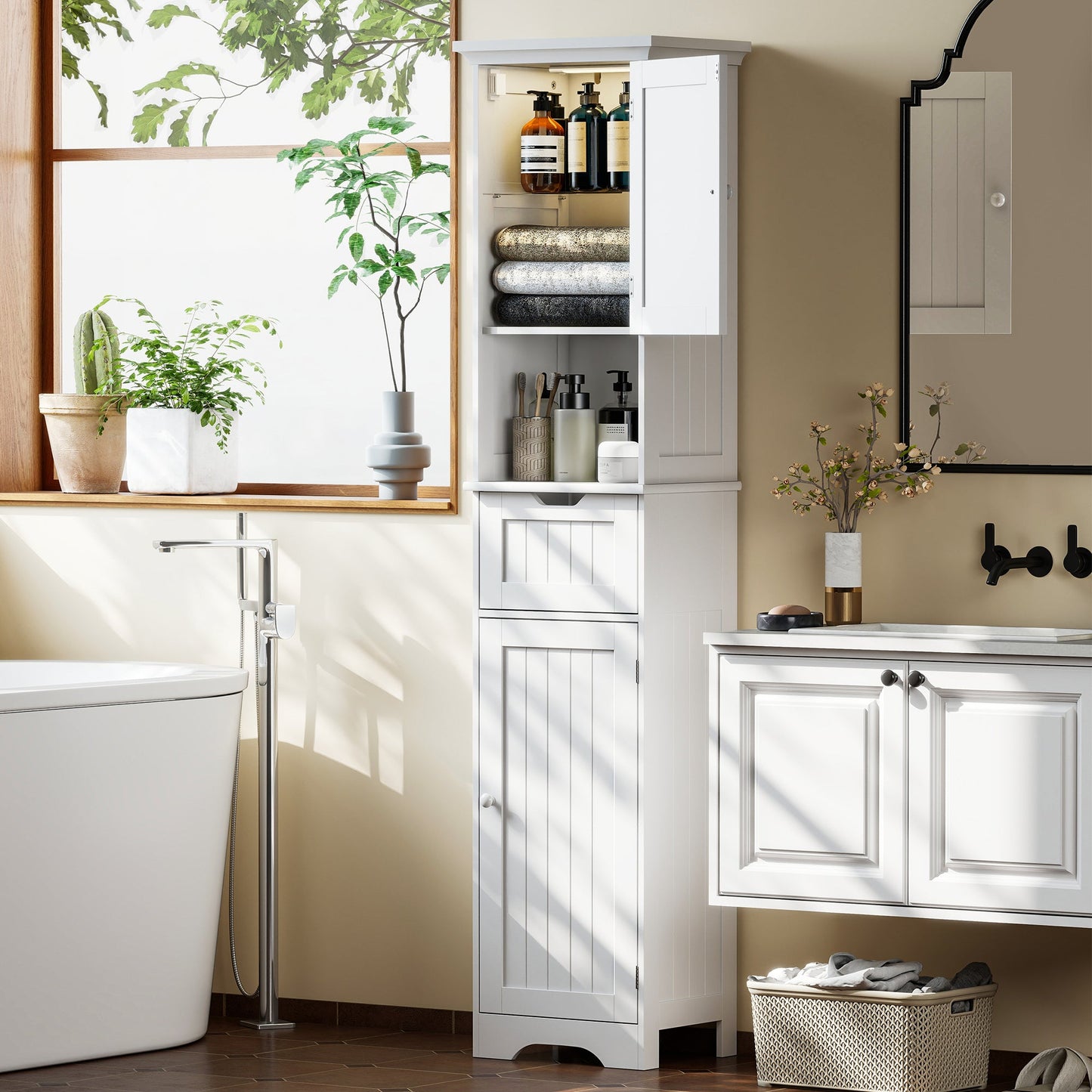 HOMCOM Slim Bathroom Storage Cabinet, with Sensor Lights - White