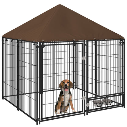 PawHut Outdoor Dog Kennel Puppy Play Pen with Canopy Garden Playpen Fence Crate Enclosure Cage Rotating Bowl 141 x 141 x 151 cm