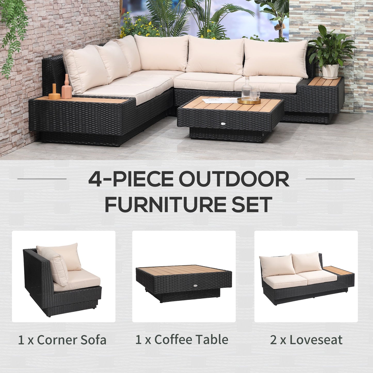 Outsunny 4 PCs Rattan Garden Furniture Outdoor Sectional Corner Sofa and Coffee Table Set Conservatory Wicker Weave Furniture with Armrest and Cushions - Black