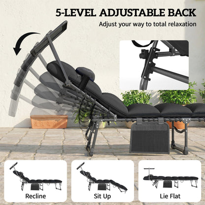 Outsunny Folding Sun Loungers Set of 2 with Canopy, Reclining Sunbed with Cushion, Side Pocket, Carrying Handle, Black