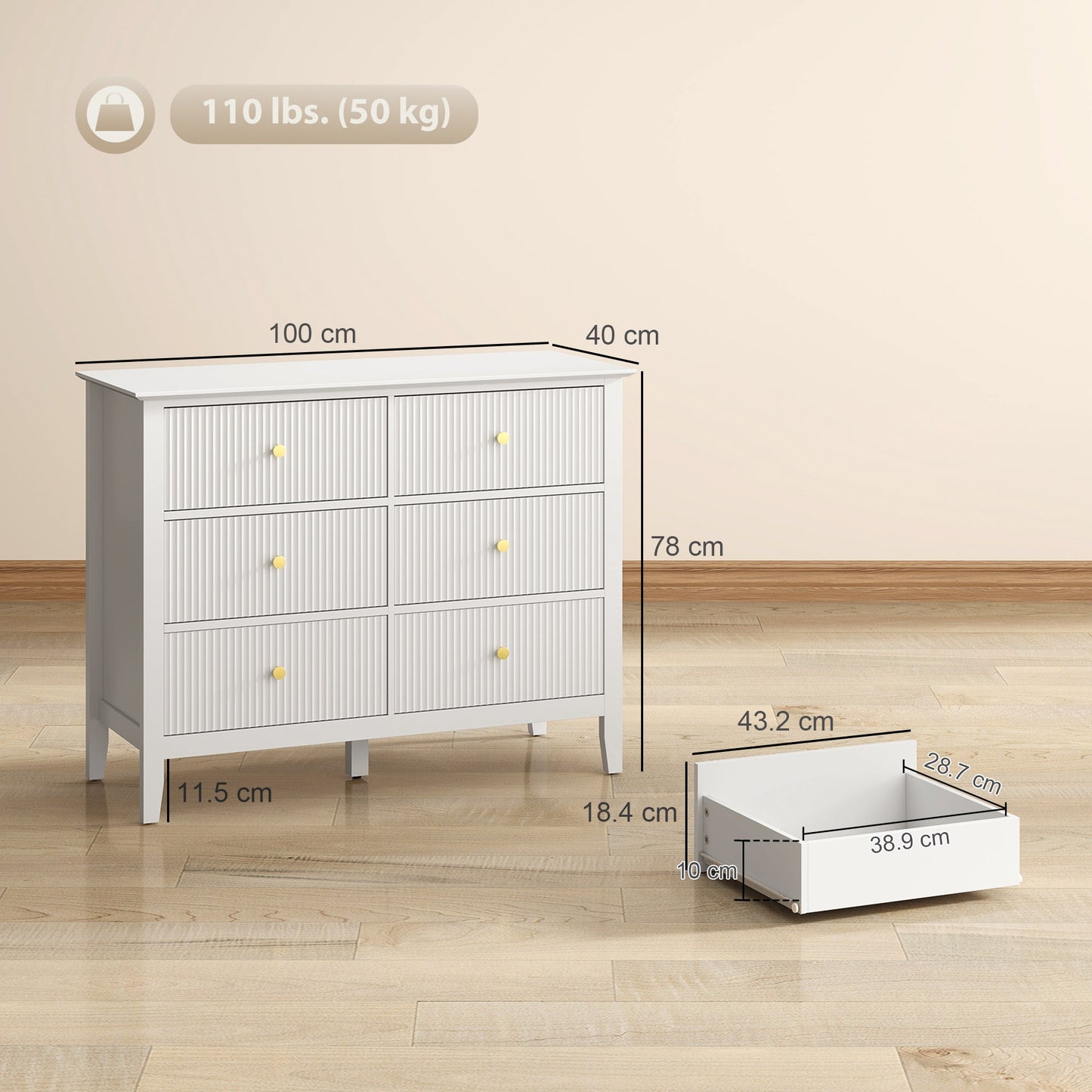 HOMCOM Fluted Dresser, 6 Drawer Chest of Drawers for Bedroom, Living Room, Hallway, Closet, White