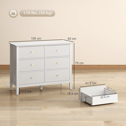 HOMCOM Fluted Dresser, 6 Drawer Chest of Drawers for Bedroom, Living Room, Hallway, Closet, White