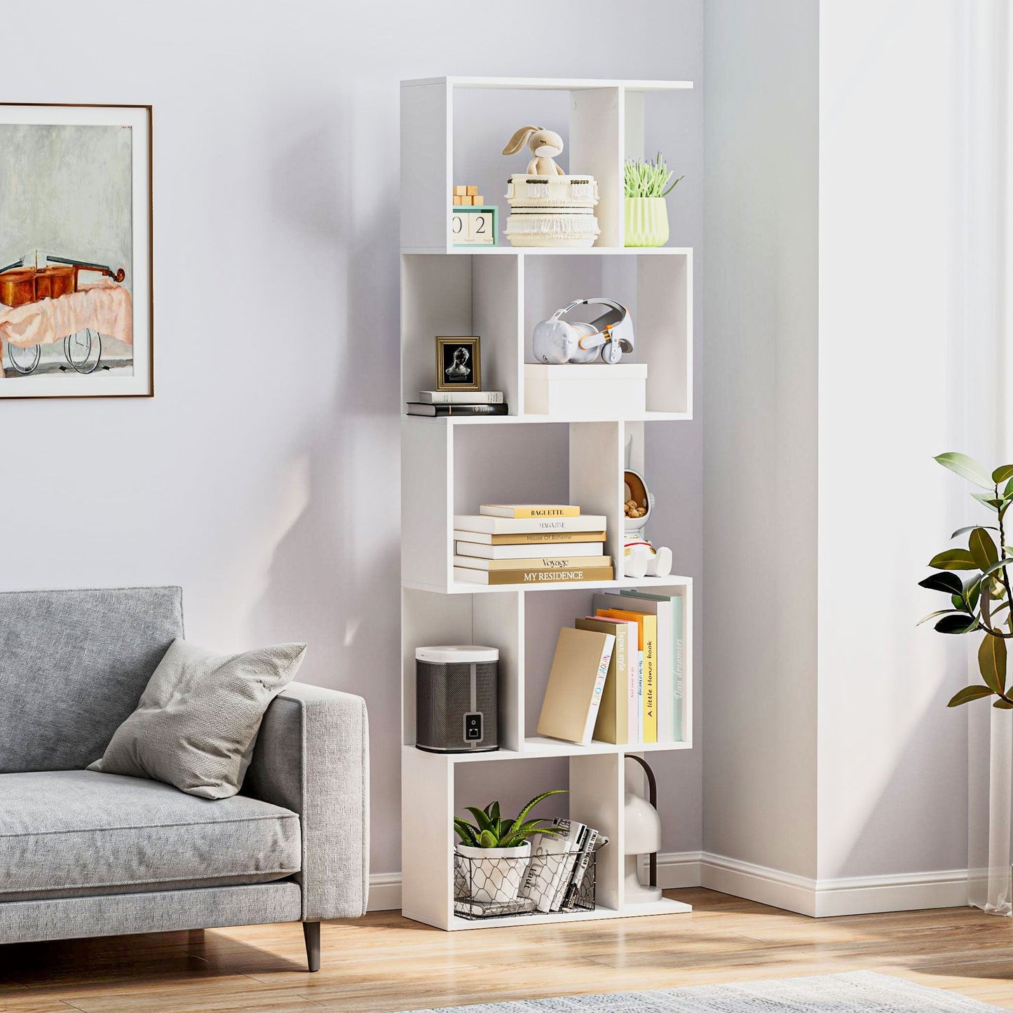 HOMCOM Bookcase, S-Shaped Wooden Bookshelf, 5 Tiers Freestanding Storage Shelf, Home Office Display Stand Rack, White