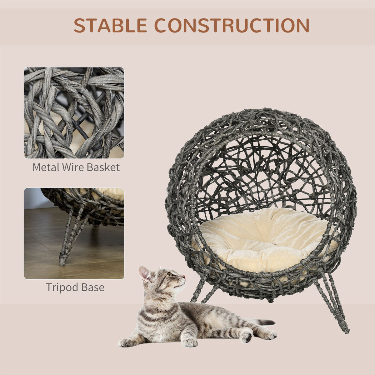 PawHut Raised Rattan Cat House, with Cushion - Silver-Tone & Grey