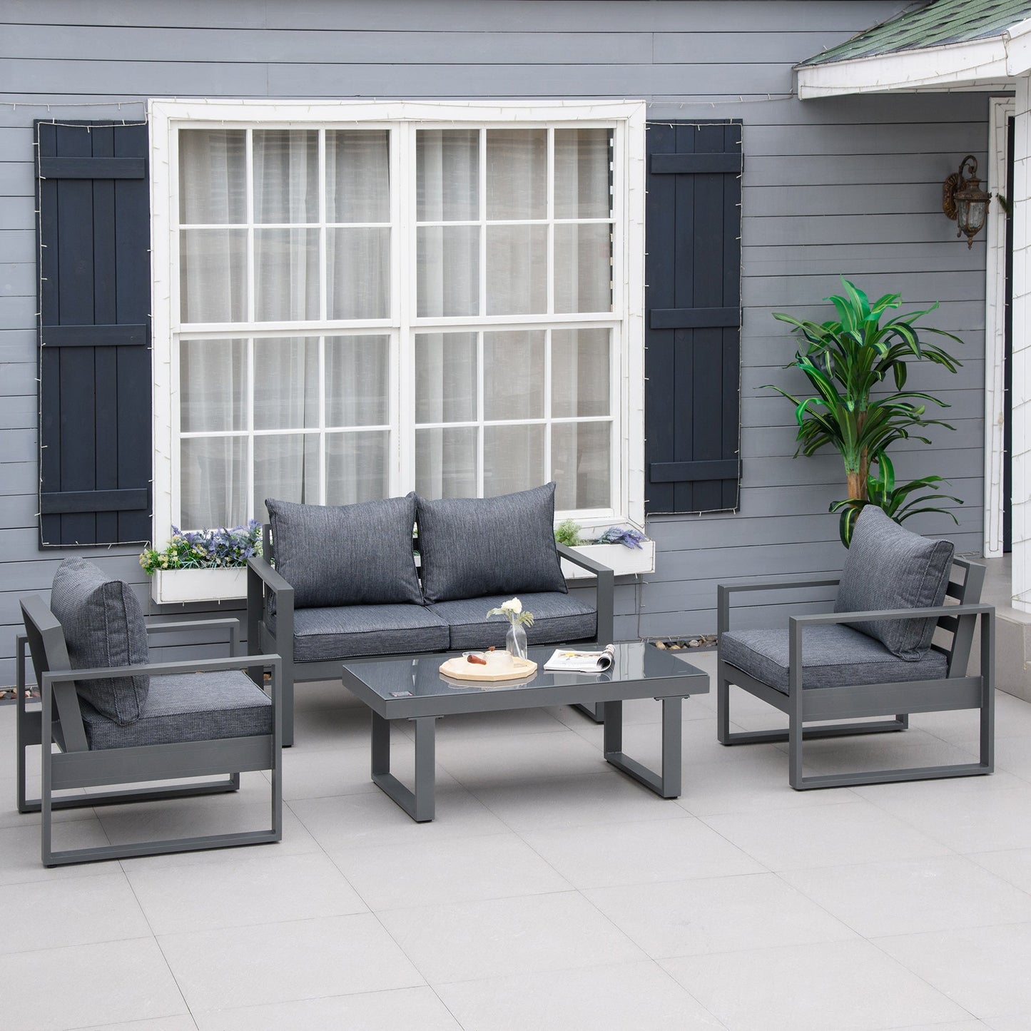 Outsunny 4 Piece Aluminium Garden Sofa Set with Coffee Table, Outdoor Furniture Set with Padded Cushions & Olefin Cover, Dark Grey