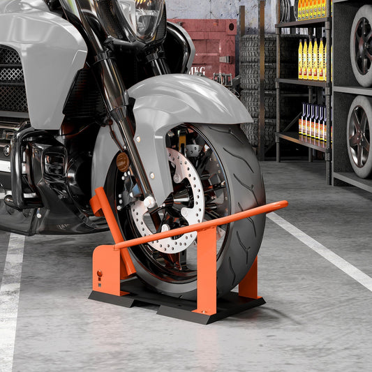 HOMCOM Motorcycle Wheel Chock, 816.5 kg Capacity Heavy Duty Steel Motorcycle Front Wheel Chock Holder with 3 Height Adjustable Holes, Fits 381-533.4 mm Wheels, Orange