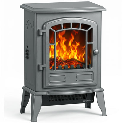 HOMCOM Electric Fireplace Stove, 1000W/2000W, Freestanding Electric Fire with LED Flame Effect, Adjustable Thermostat, Grey