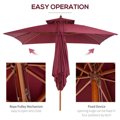 Outsunny 3 x 3(M) Parasol ogrodowy Parasol przeciwsłoneczny, zewnętrzny drewniany parasol z podwójnym baldachimem, bordowy