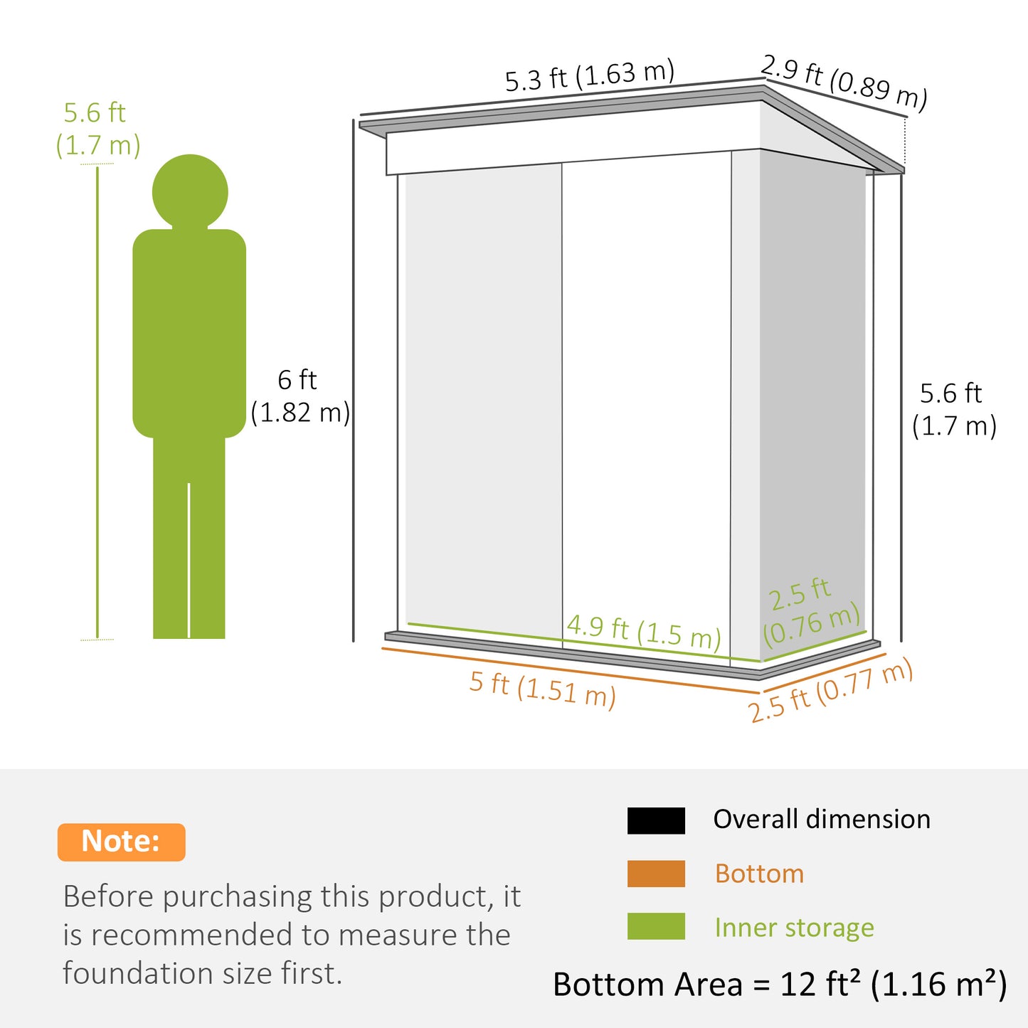 Outsunny 5 x 3ft Garden Storage Shed z przesuwanymi drzwiami i skośnym dachem Outdoor Equipment Tool, zielony
