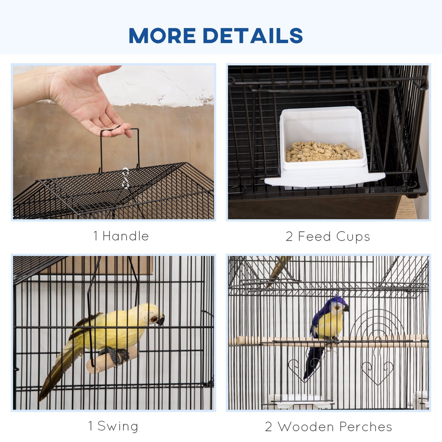 PawHut Metal Bird Cage with Plastic Swing Perch Food Container Tray Handle for Finch Canary Budgie 50.5 x 40 x 63cm Black