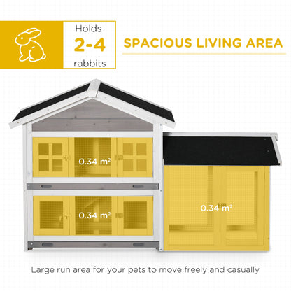 PawHut 2 Tier Wooden Rabbit Hutch, Guinea Pig Cage, Bunny Run, Small Animal House for Indoor Outdoor with Slide-out Tray, Ramp, 150 x 55 x 91cm, Grey