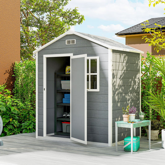 Outsunny 6 x 4ft Garden Shed, plastikowa szopa z podłogą, oknem, zamykanymi drzwiami i otworami wentylacyjnymi, imitacja drewna, szopa narzędziowa z żywicy na zewnątrz, szara