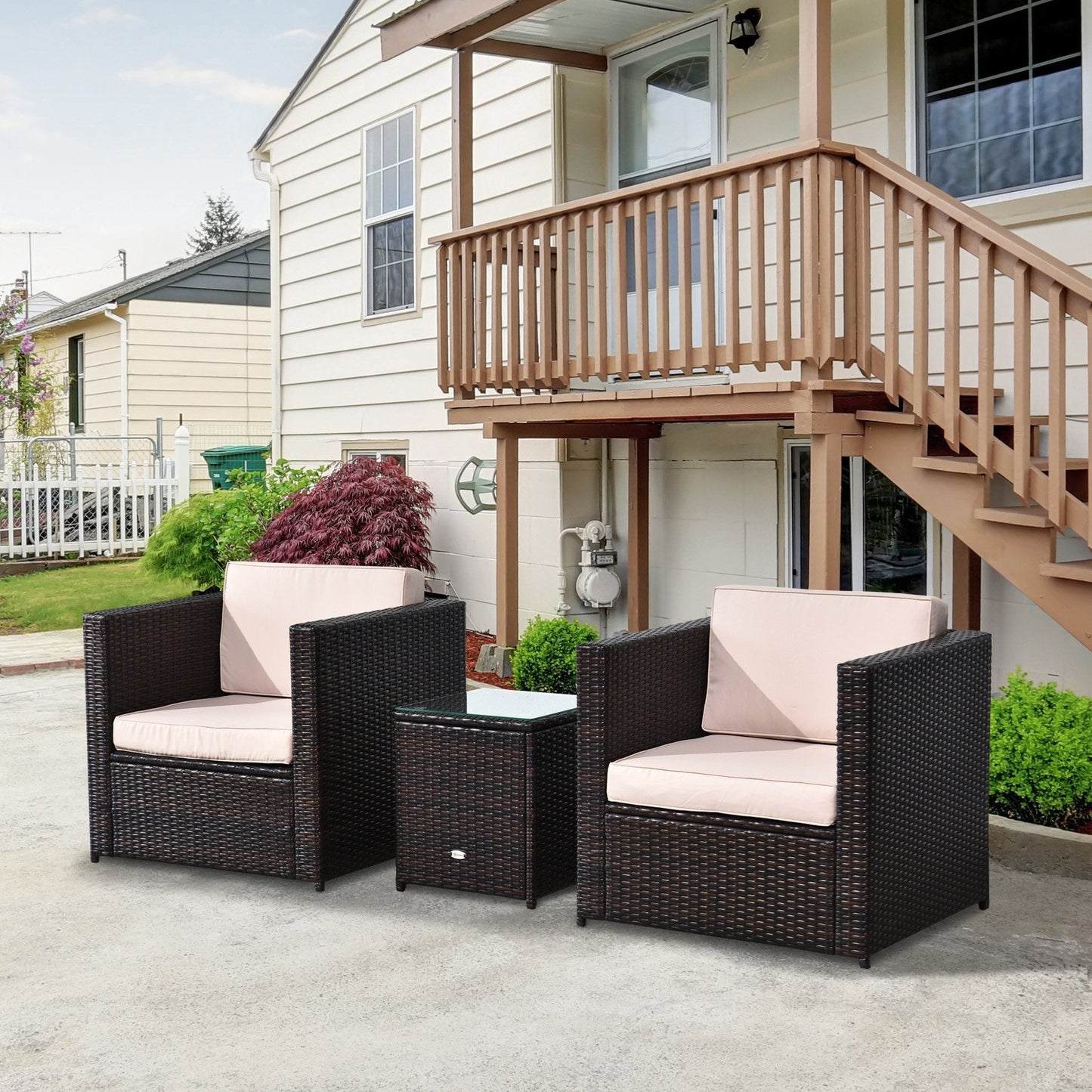 Outsunny Rattan Garden Furniture 2 Seater Sofa Furniture Set W/Cushions, Steel Frame-Brown