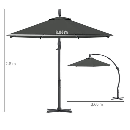 Outsunny 3(m) Parasol ogrodowy z wysięgnikiem, okrągły parasol z korbką, podstawą krzyżową, aluminiową ramą i obrotem 360√Ç¬∞, parasol tarasowy typu banan do ochrony przed słońcem na zewnątrz, szary