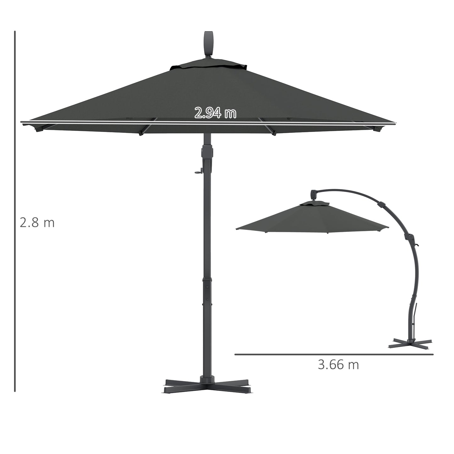 Outsunny 3(m) Garden Cantilever Parasol, Round Overhanging Umbrella with Crank Handle, Cross Base, Aluminium Frame and 360 Rotation, Banana Patio Umbrella for Outdoor Sun Shade, Grey
