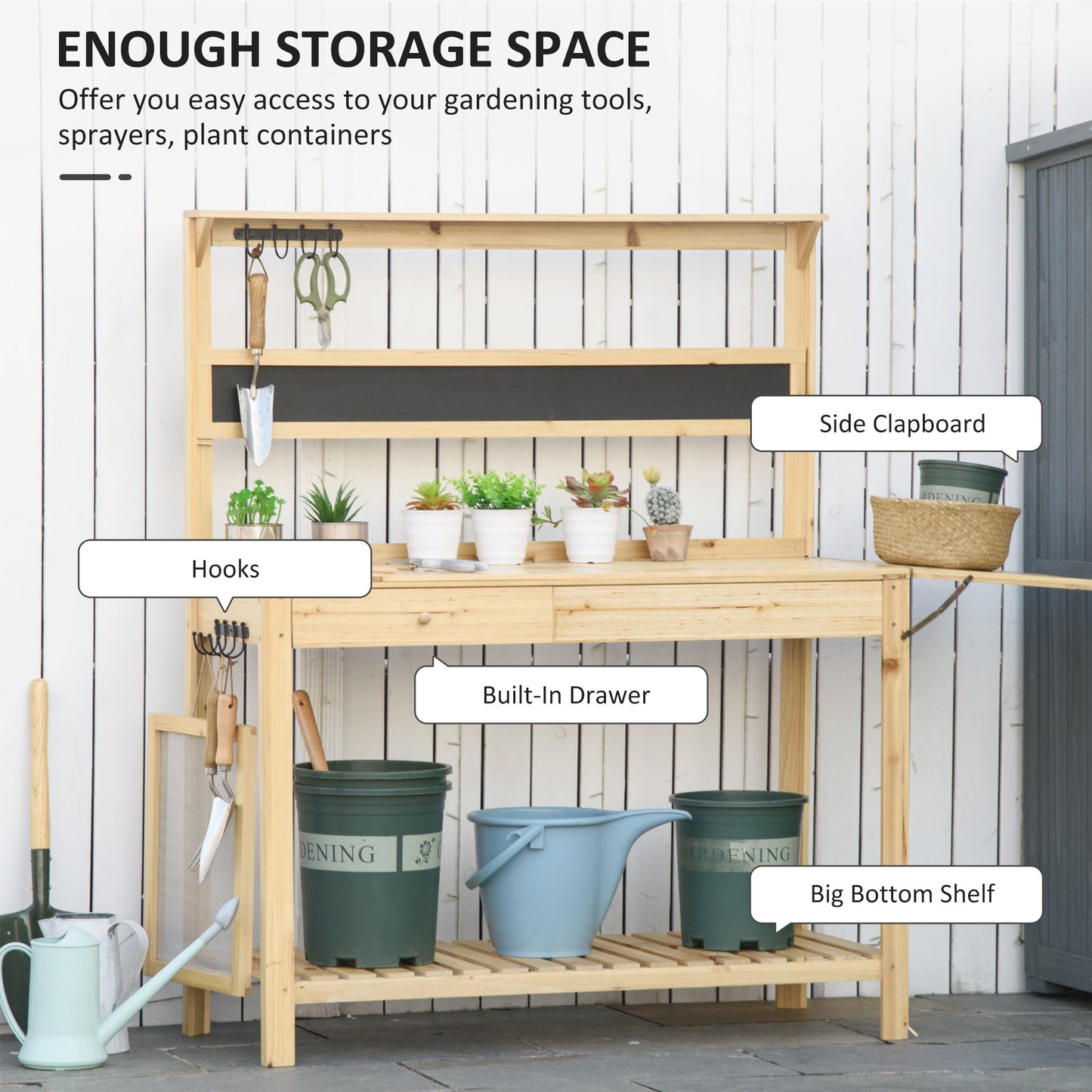 Outsunny Potting Bench Table, Garden Work Bench, Workstation with Metal Sieve Screen, Chalkboard, Hidden Sink, Drawer and Multi Storage Space for Patio, Courtyards, Balcony