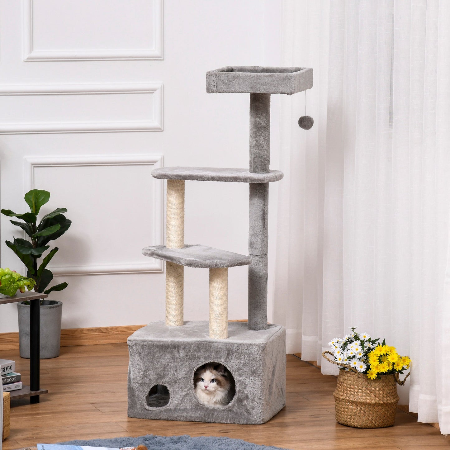 PawHut Cat Tree Kitten Tower مركز أنشطة من 4 مستويات أثاث للحيوانات الأليفة مع عمود خدش من السيزال، مجثمات قطيفة معلقة، ألعاب كروية باللون الرمادي