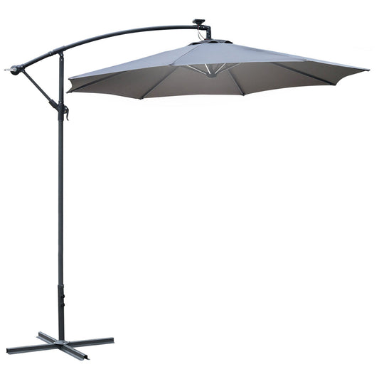 مظلة Outsunny 3(m) LED Banana Parasol Garden Cantilever مع أضواء شمسية، مقبض كرنك وقاعدة متقاطعة، مظلة شمسية معلقة، رمادي