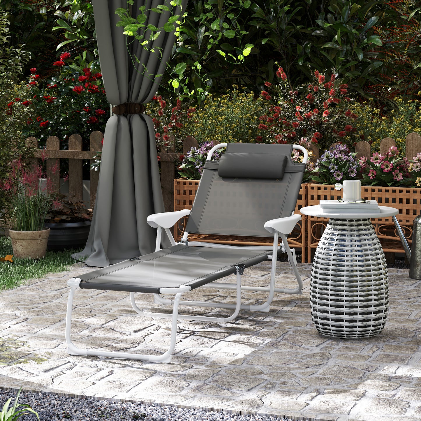 Fotel składany Outsunny z oparciem i zagłówkiem regulowanym w 4 poziomach - Charcoal Grey