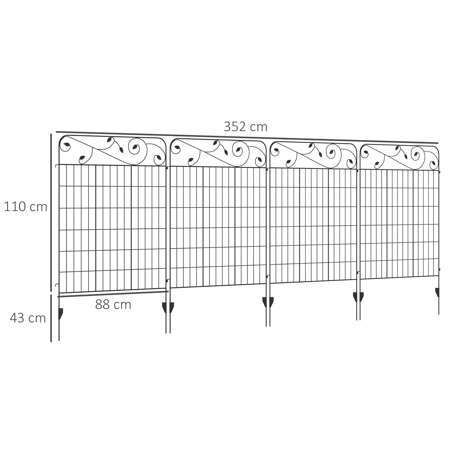 Outsunny Dekoracyjne Ogrodzenie Ogrodowe, 4 szt. Zewnętrzne Panele Ogrodzeniowe, 43 cale x 11,5 stopy Nierdzewny Metalowy Drut Ogrodzenie Ogrodzenia Kwietnika Ogrodzenie Dla Zwierząt, Czarny