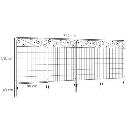 Outsunny Dekoracyjne Ogrodzenie Ogrodowe, 4 szt. Zewnętrzne Panele Ogrodzeniowe, 43 cale x 11,5 stopy Nierdzewny Metalowy Drut Ogrodzenie Ogrodzenia Kwietnika Ogrodzenie Dla Zwierząt, Czarny