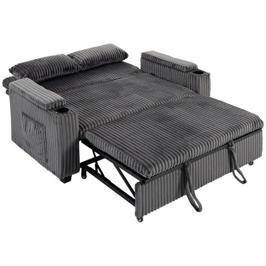 HOMCOM 2 Seater Sofa Bed, Pull Out Sleeper Sofa w/ Adjustable Backrest, Storage Armrests, Cup Holders, Side Pockets, Dark Grey