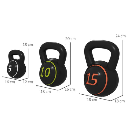 SPORTNOW Three-Piece Kettlebell Set, 5lbs, 10lbs, 15lbs with Storage Tray