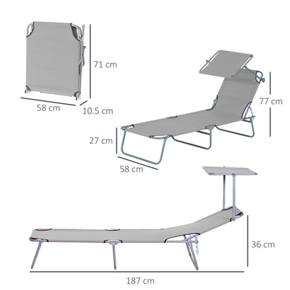Outsunny Outdoor składany leżak słoneczny, 4-poziomowy regulowany oparcie, leżak słoneczny z markizą przeciwsłoneczną z regulacją kąta nachylenia, na plażę, do ogrodu, na patio, jasnoszary