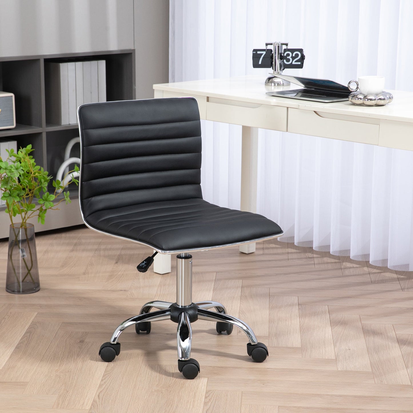 HOMCOM Armless Task Desk Chair, Swivel Office Chair with Faux Leather, Adjustable Seat Height, Chrome Base, Wheels for Home, Black