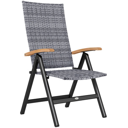 Outsunny Folding Rattan Garden Dining Chair with 5-level Reclining High Back, Wood Armrests for Outdoor, Patio - Light Grey