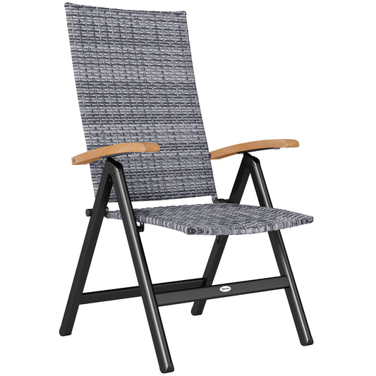 Outsunny Folding Rattan Garden Dining Chair with 5-level Reclining High Back, Wood Armrests for Outdoor, Patio - Light Grey