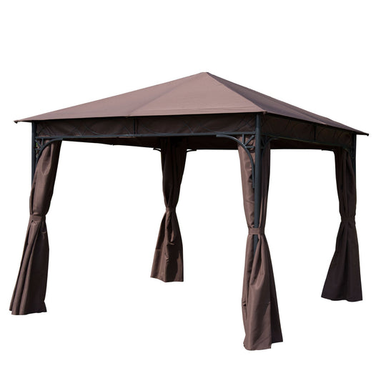 Outsunny√Ç 3√Ç x√Ç 3(m) Garden Gazebo, Outdoor Gazebo Canopy Shelter with Curtains and Steel Frame for Lawn, Yard and Deck, Coffee