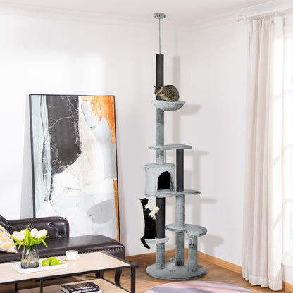 PawHut 255cm Floor to Ceiling Cat Tree with Scratching Posts, Height Adjustable Cat Tower with Hammock, House, Anti-tipping Kit, Perches, Toys, Grey