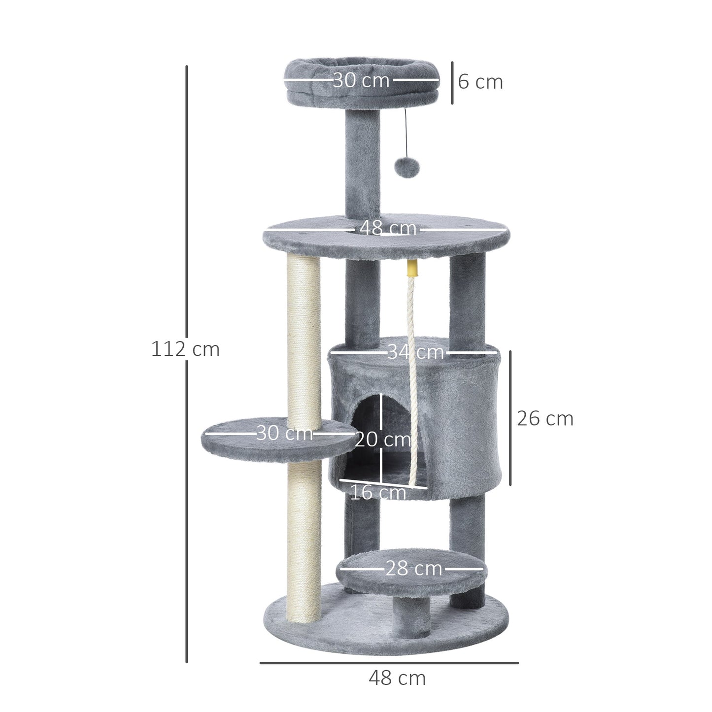 PawHut Cat Tree Tower for Indoor Cats 112cm Climbing Kitten Activity Center with Jute Scratching Post Perch Hanging Ball Toy Teasing Rope Dark grey