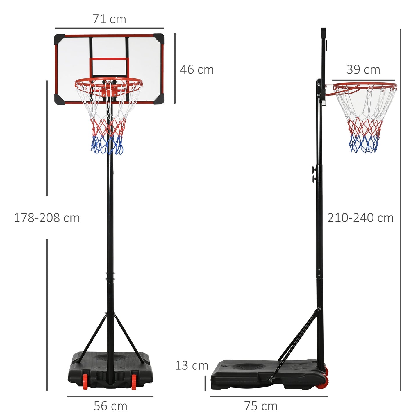 SPORTNOW Height Adjustable Basketball Hoop and Stand with Firm Backboard and Weighted Base, Portable on Wheels, Red