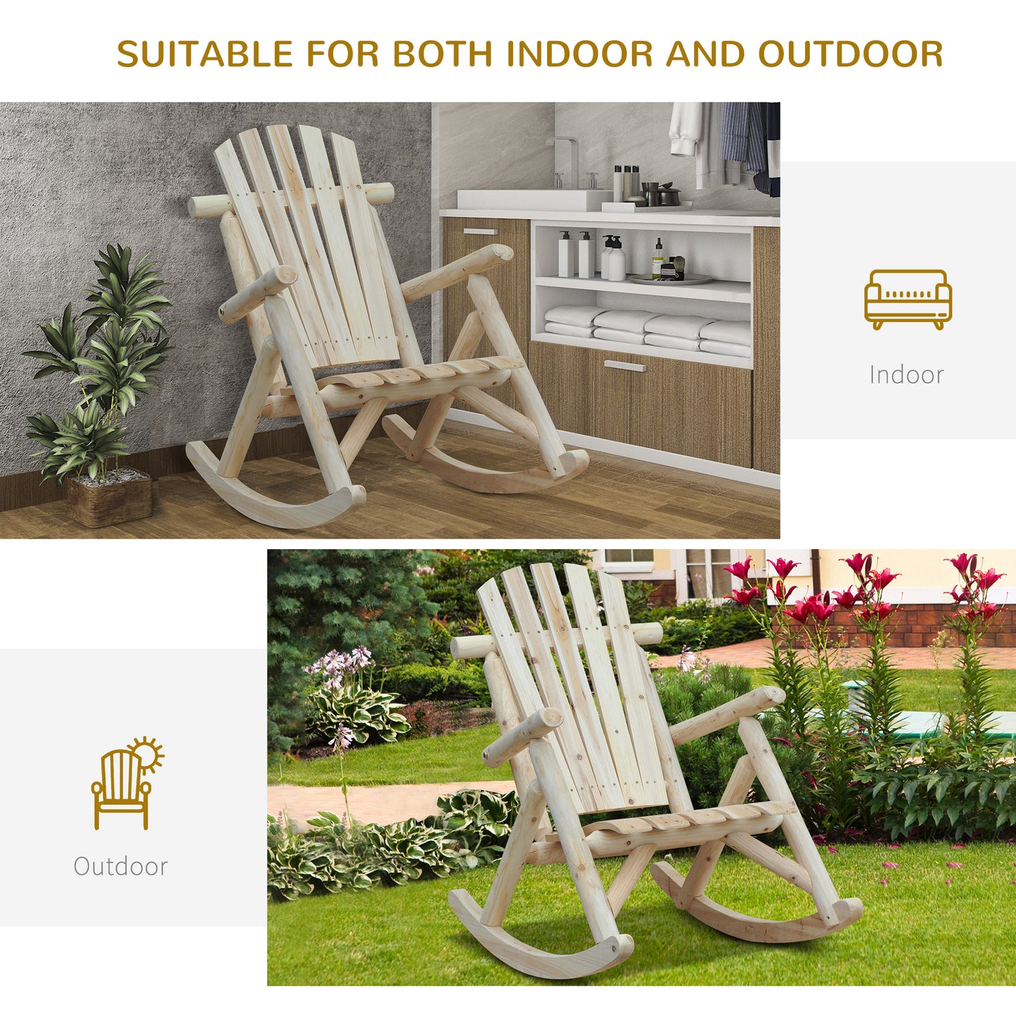 Outsunny 2-częściowy fotel Adirondack z drewna cedrowego, ergonomiczny fotel bujany, ganek, ogród, bujany, tradycyjny - Burlywood